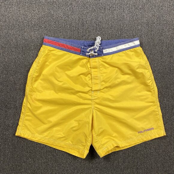 Vintage Tommy Hilfiger Swim Shorts Yellow Spellout Logo Nylon Trunk Size 2XL XXL - Picture 1 of 6